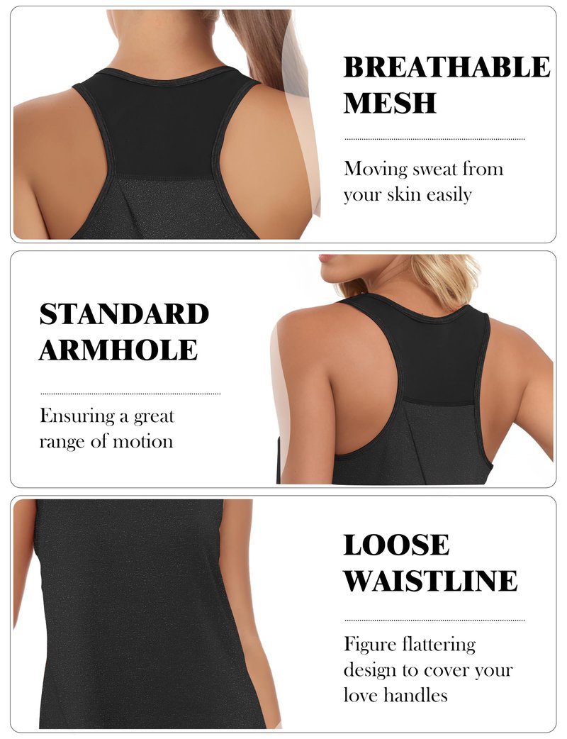 AURUZA Womens Workout Tops, Racerback Tank Tops for Women Athletic Yoga Tops Mesh Tennis Shirts Running Sleeveless Gym Top (Black, Small)