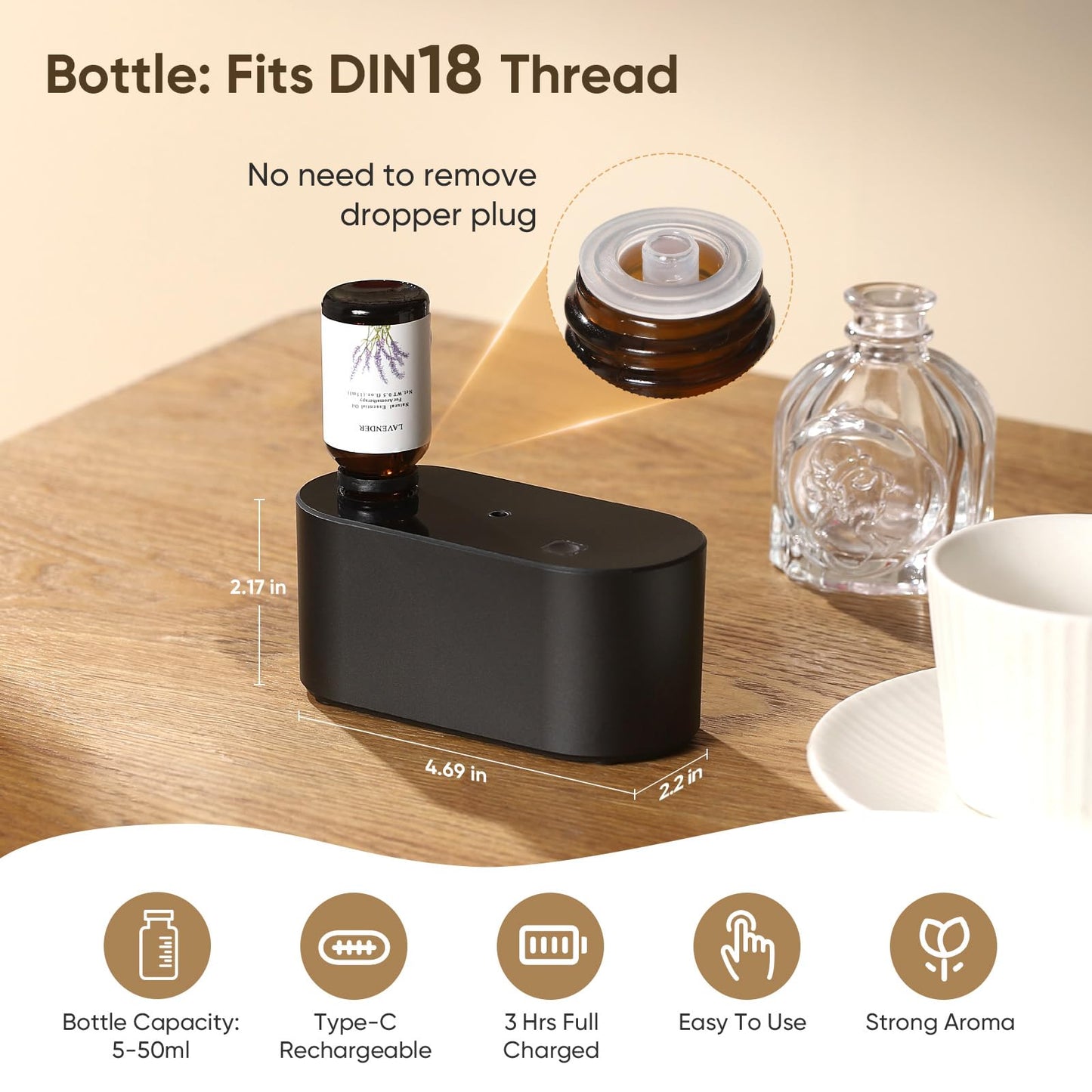 Waterless Diffuser for Home Essential Oil Diffuser, Aromatherapy Diffuser, Portable Scent Diffusers, 3 Mist Modes, Cycle Start for Bedroom, Office Studio 160-350 sq. ft Black