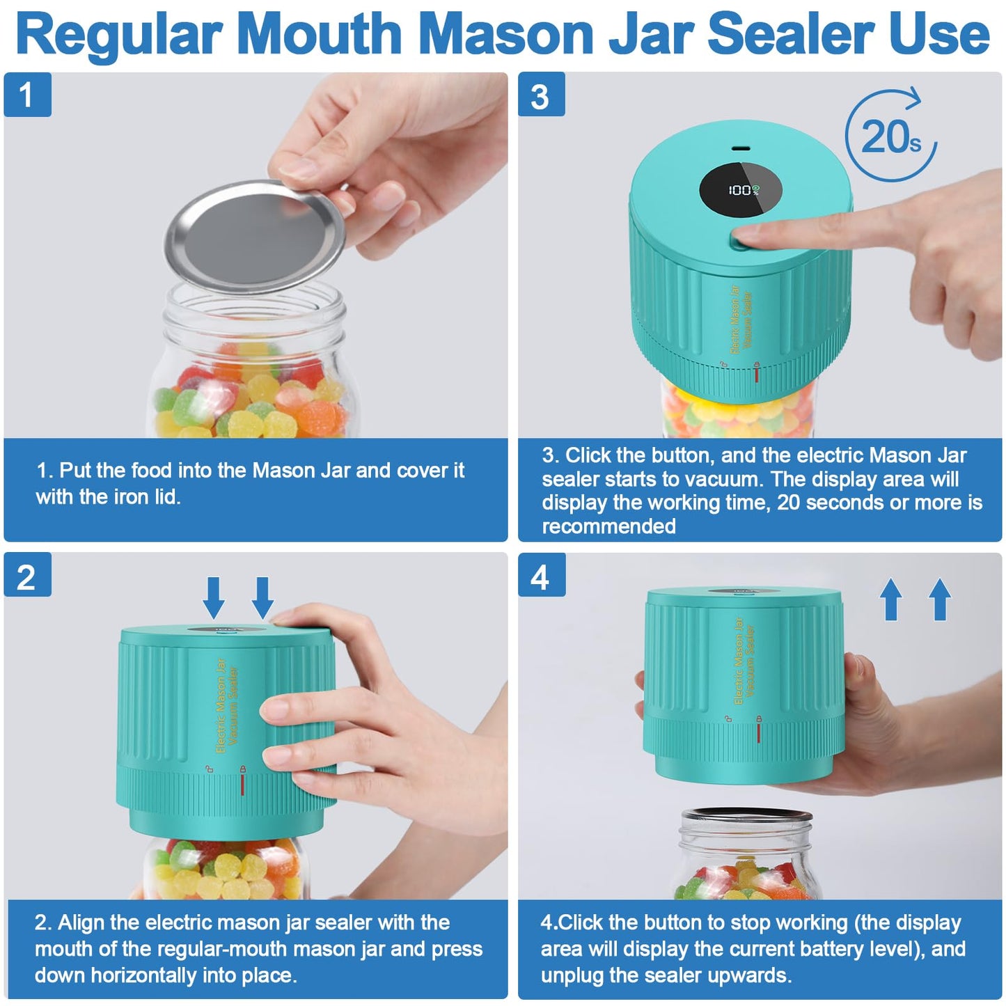 LOVE MOMENT Electric Mason Jar Vacuum Sealer Kit for Wide Mouth and Regular Mouth Mason Jar - Green