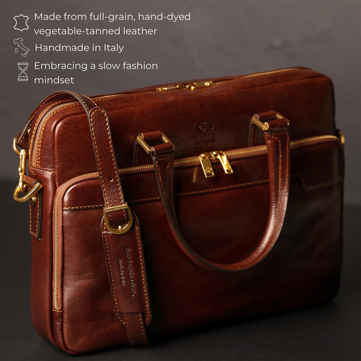 Time Resistance Leather Briefcase - Italian Handmade Leather Laptop Bag - Work Bag for Men and Women - Computer Briefcase