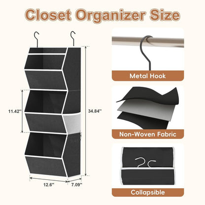 Hanging Closet Organizer 3 Shelf Collapsible Bedroom Closet Organizers and Storage Hanging with Mesh Pocket for Clothes, Closet Hanging Organizers and Storage for Fabric Wardrobe Space Saver, Black