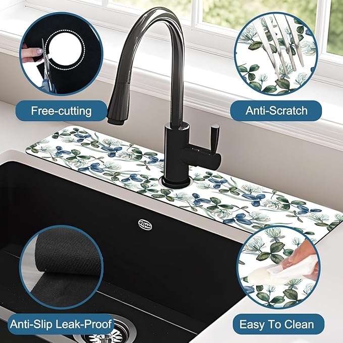 Watercolor Garland Flower Kitchen Sink Splash Guard Faucet Mat Clover Leaves