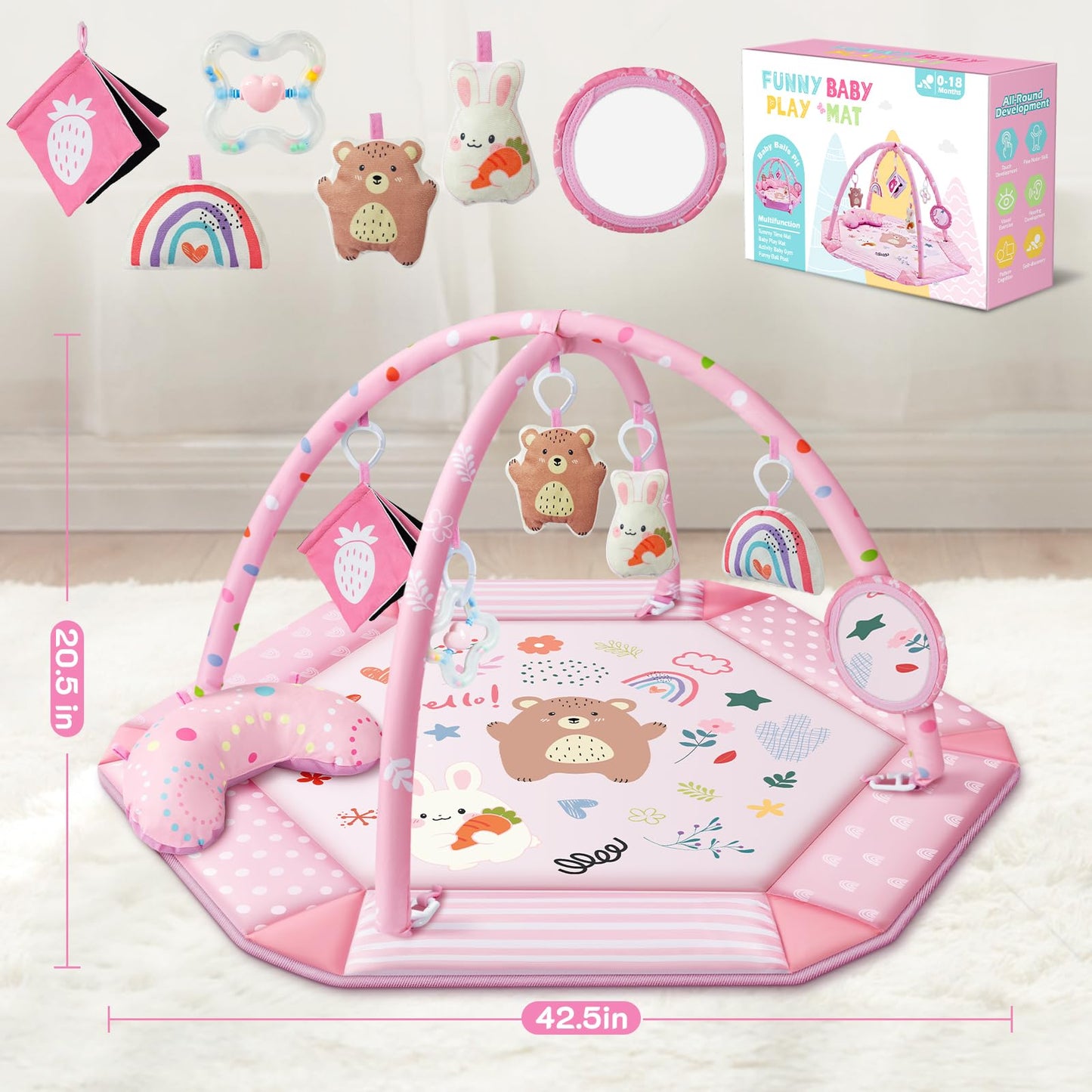 Baby Gym Play Mat, 8-in-1 Tummy Time Mat & Ball Pit with 6 Toys, Washable Baby Activity Mat for Visual, Hearing, Sensory, Motor Development, Baby Gift Newborn Infant 0-3-6-9-12 Months (Pink)