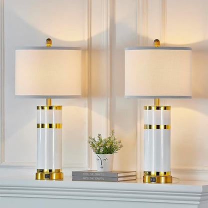 Ceramic Gold-Plated Decorative 28" Table Lamps Set of 2 with E26 Socket&Rotary Switch,USB A+C Ports,Modern Bedside Lamps for Nightstand,Bedroom,Living Room,Decoration,Office(Bulbs Included)