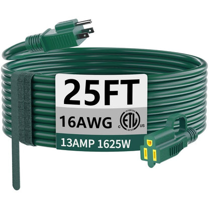 HUANCHAIN Indoor Outdoor Green Extension Cord 25 ft Waterproof, 16/3 Gauge Flexible Cold-Resistant Appliance Extension Cord Outside, 13A 1625W 16AWG SJTW, 3 Prong Electric Cable, ETL
