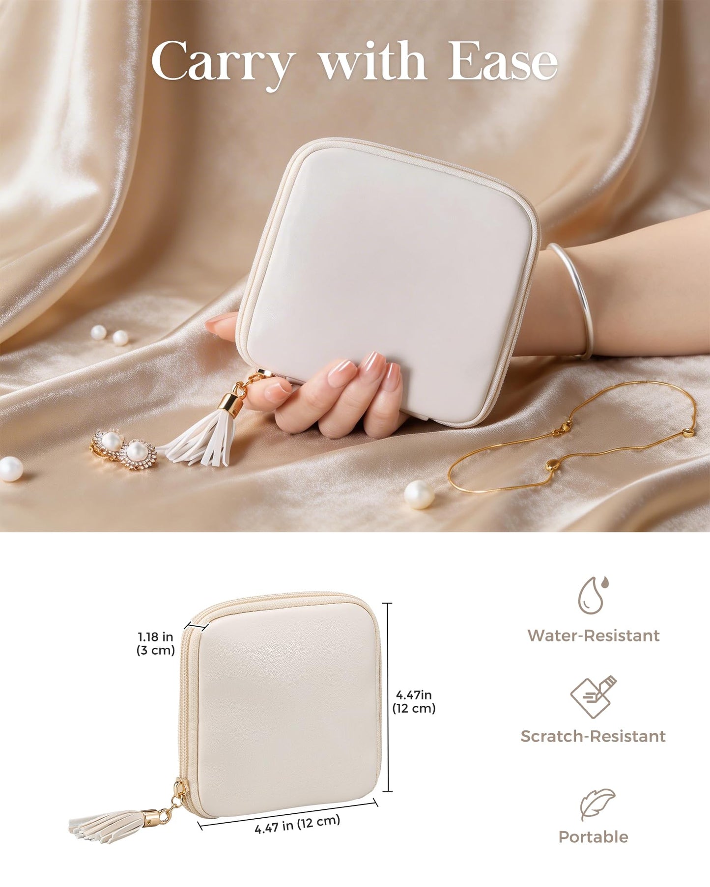 Lolalet Travel Jewelry Case Organizer, Small Jewellery Pouch with Compartments for Storage, Bag for Traveling Women, Packing for Necklaces, Earrings, Bracelets -Cloud White