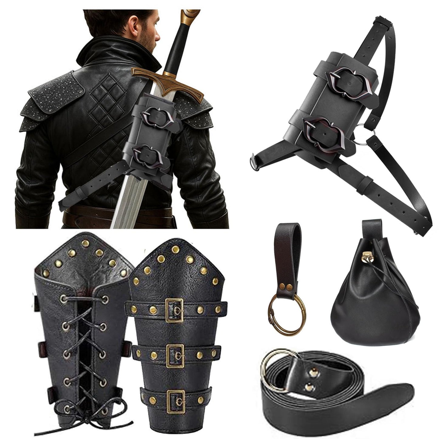 Medieval Back Sword Frog Holder Bracers Belt and Belt Pouch Viking Warrior Costume Renaissance Accessory Cosplay Props (Black)