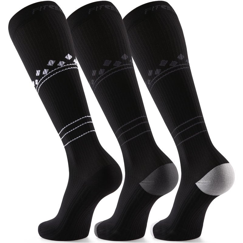 FITRELL 3 Pairs Compression Socks for Women and Men 20-30mmHg- Muscle Support Socks for Travel, Running, Nurse, Knee High, Blackstar, Black+White+Grey L/XL