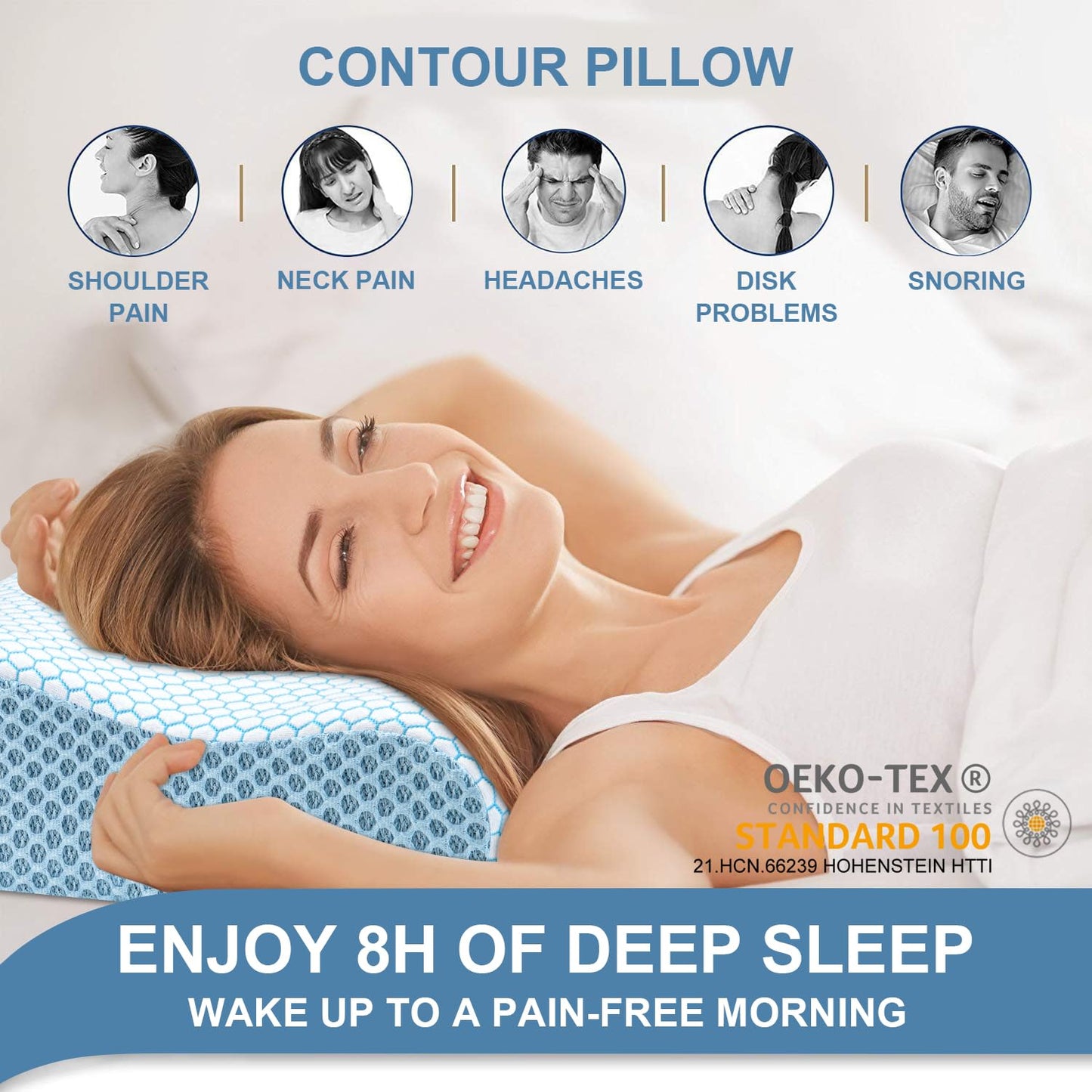 Anvo Memory Foam Pillow, Neck Contour Cervical Orthopedic Bed Pillow for Sleeping Side Back Stomach Sleeper, Ergonomic Design for Neck and Shoulder Pain Relief, Blue White, Firm