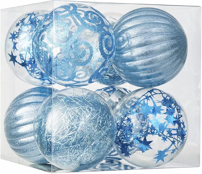 XmasExp 8ct Christmas Ball Ornaments Set -Large Clear Plastic Shatterproof Xmas Tree Ball Hanging Baubles Stuffed Delicate Glittering for Holiday Wedding Xmas Party Decoration (100mm/3.94",light blue)