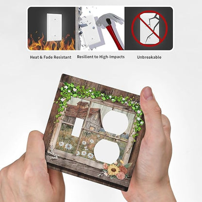 Decorative Light Switch Cover Plate Farm Barn Farmhouse Rustic Country Flower 2 Gang Outlet Covers 1 Toggle 1 Duplex Wall Plate Decorate Electrical Switch Plate Covers for Bathroom Home