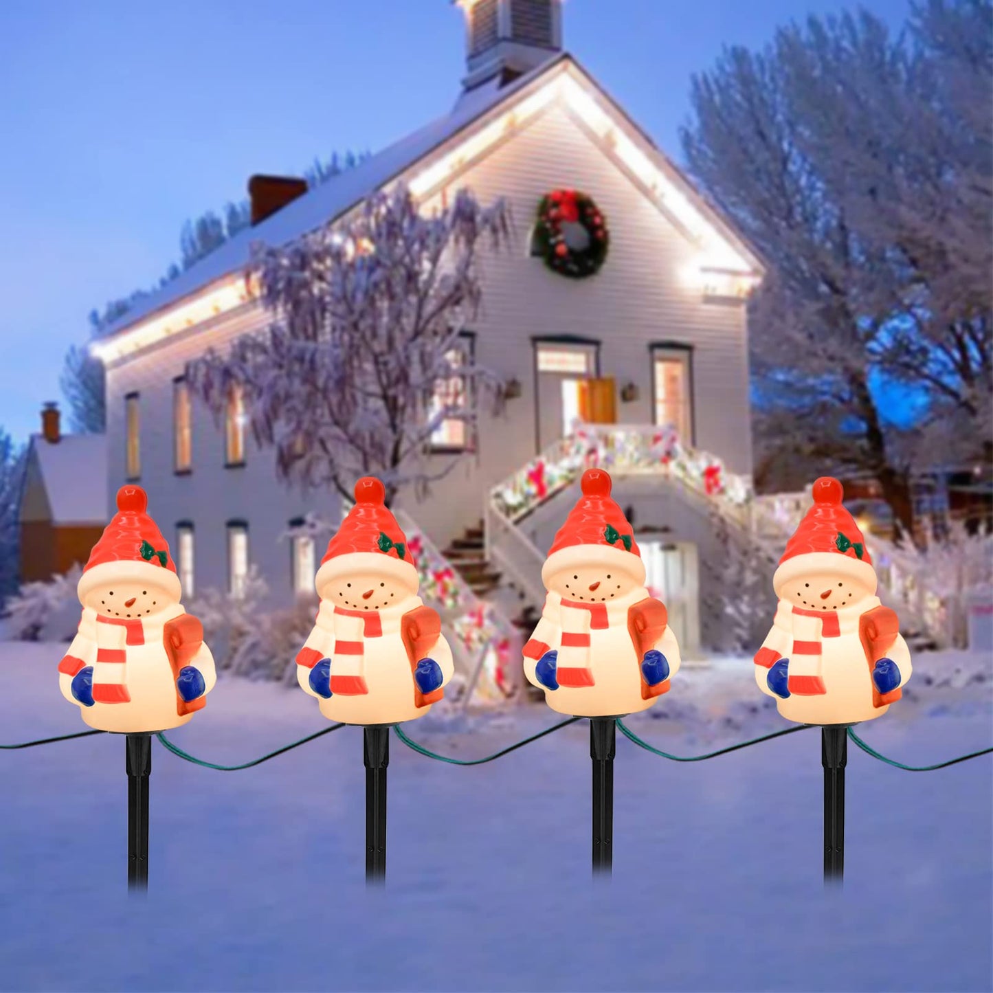 Christmas Snowman Pathway Stakes Lights 7Ft C7 Outdoor Landscape String Light with 4 Snowman Driveway Markers(E12 Base 5w) for Patio Yard Garden Lawn Decoration 1 Pack, White