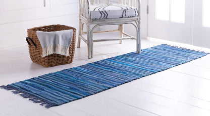 Unique Loom Chindi Cotton Collection Soft Hand Woven Natural Fiber Striped Area Rug, 2 ft 7 in x 9 ft 10 in, Navy Blue/Ivory