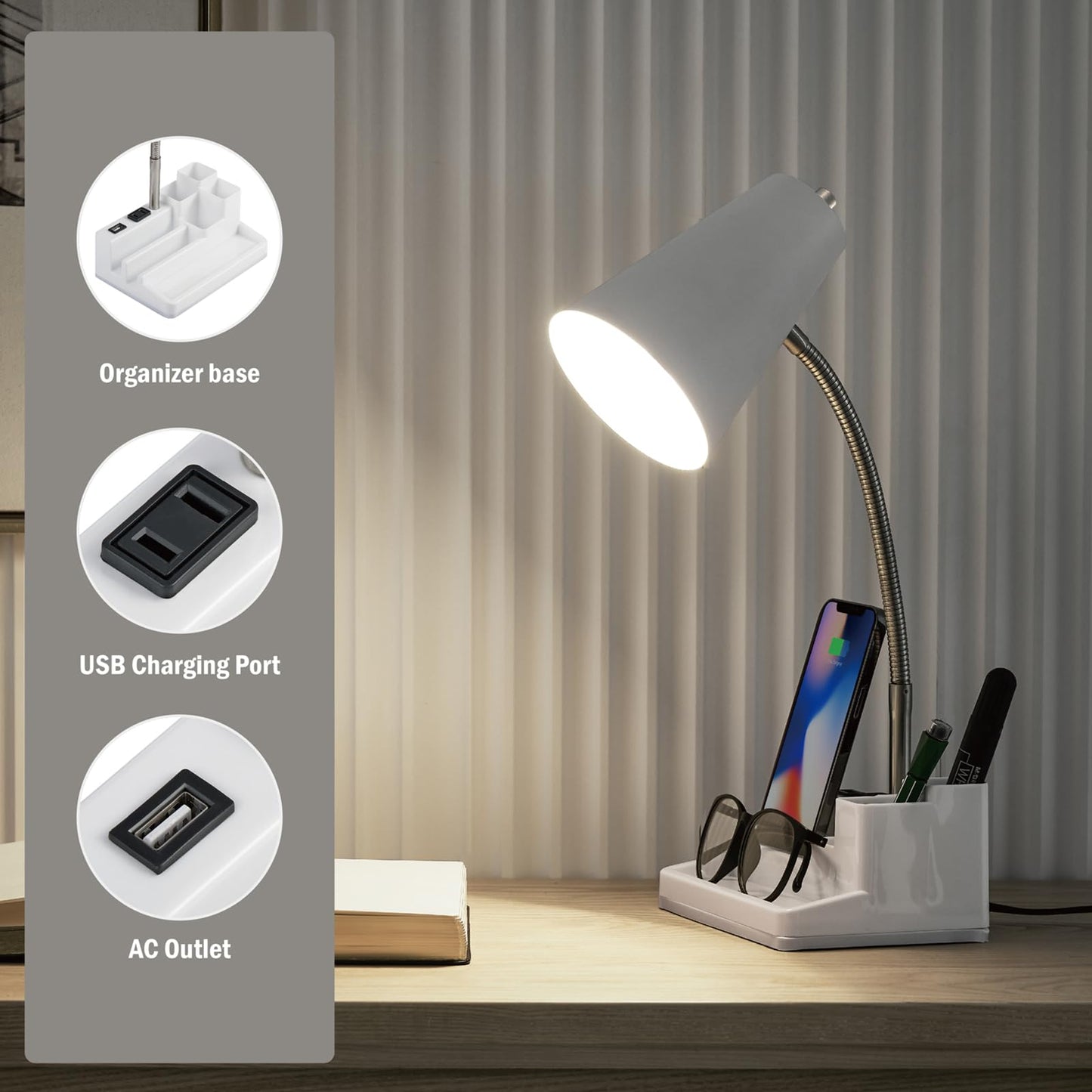 lianheng Desk Lamp Cute for Small Space, Lamp Desk with USB Port and Outlet, Desk Lamps for Home Office with Pen Holder, Study lamp for College Dorm Room, Flexible Arm, White