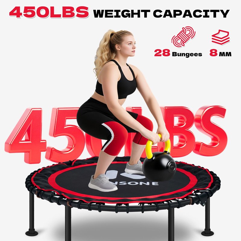 K KENSONE 40" Foldable Rebounder Trampoline for Adults with Bungee, 450 LBS Quiet Indoor Mini Trampoline for Adults Fitness, Gym Workout, Home Exercise, Red