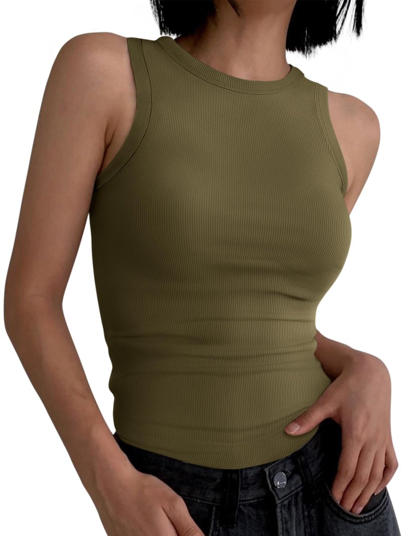 ANRABESS Womens Sleeveless High Neck Tank Tops Fashion Summer Casual Basic Slim Fit Ribbed Racerback Top Shirt Clothes Yellow Army Green XX-Large