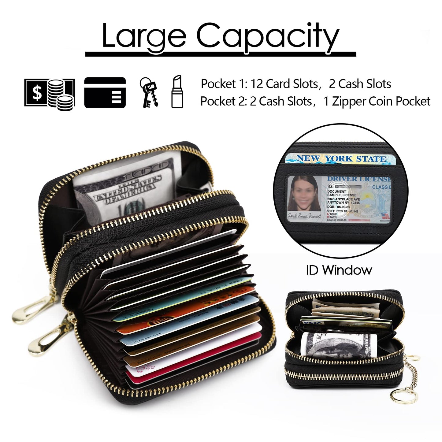 imeetu RFID Credit Card Holder, Small Leather Double Zipper Card Case Wallet for Women (Max,Black)