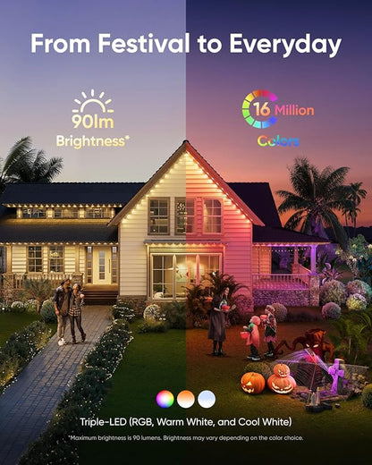 eufy Permanent Outdoor Lights E22, 100ft with 60 Triple-LED Lights, Smart RGBWW for Christmas, Daily and Holiday, IP67 Waterproof, AI Lighting Themes for Christmas Decorations, Links with Cameras