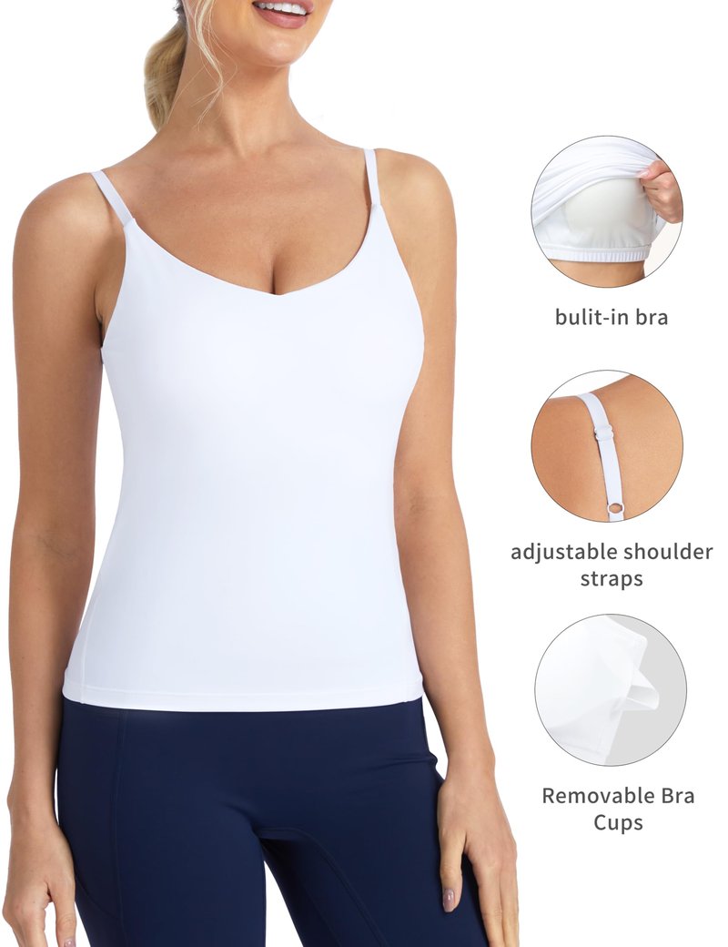 THE GYM PEOPLE Women's Longline V Neck Sports Bra with Removable Pads Adjustable Spaghetti Strap Yoga Workout Cami Tank Tops White