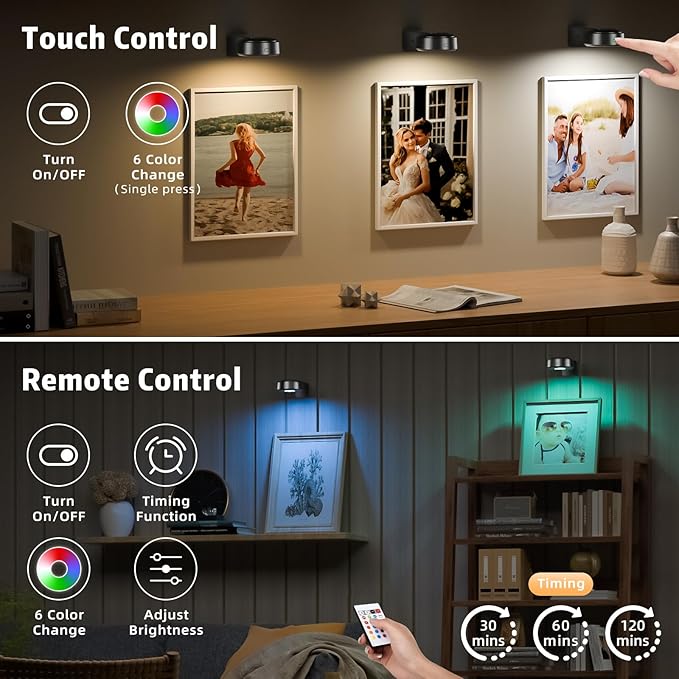 3PCS Picture Lights, Rechargeable Battery Magnetic Poster Lights with 3 Color Temps&12 RGB, Dimmable and Timer Metal Art Light for Display, Wall, Artwork, Gallery (Black)