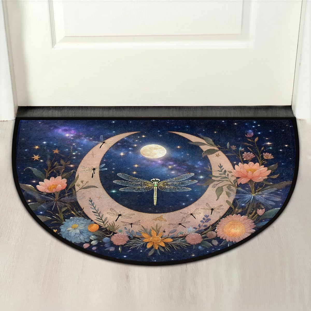 Half Circle Door Mat - Washable Non-Slip Moon Dragonfly Half Round Entryway Area Rug - Absorbent Cute Carpet Semicircular Rug for Indoor Kitchen Laundry Room Bedroom Bathroom, 36"x24"