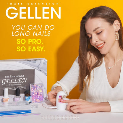 Gellen Gel Tips Nail Extension Kit, Gel Nail Kit with 240Pcs Almond Tips, 3 in 1 UV Glue for Nail Tips, Prep Dehydrator and Primer, U V LED Cure Lamp, Decorations for DIY Manicure Set