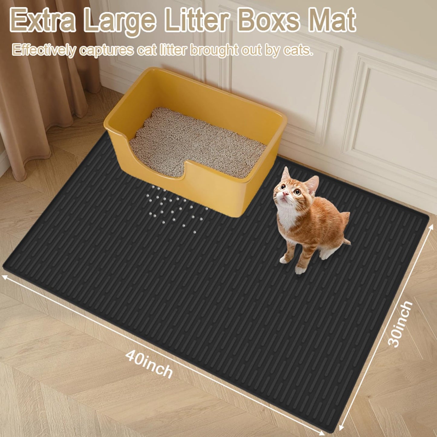 XXL Silicone Cat Litter Mat, 40"x30"(100cmx75cm) Extra Litter Box Mat for Floors, Non-Slip Litter Trapping Mat to Prevent Tracking, Easy to Clean Kitty Litter Catcher Mat, Durable, Black