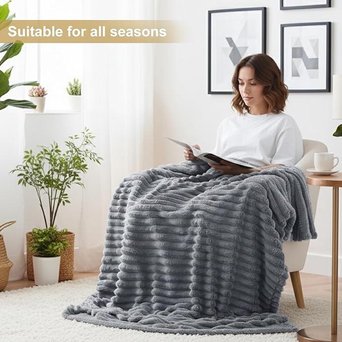 decorUhome Soft Fleece Grey Twin Blanket for Bed, Cozy Fluffy Plush Flannel Striped Throws for Couch Sofa, Lightweight Decorative Ribbed Fuzzy Blanket for Woman, 60x80 Inches