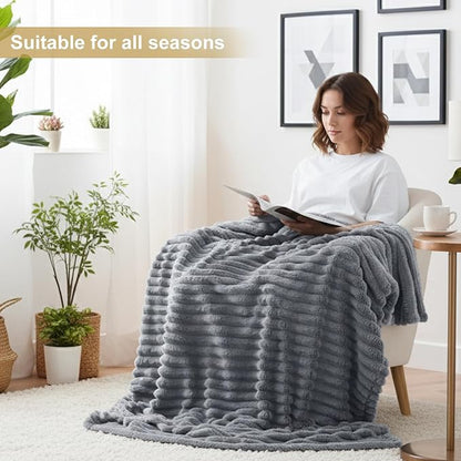 decorUhome Soft Fleece Grey Blanket Queen Size for Bed, Cozy Fluffy Plush Flannel Large Striped Throws for Couch Sofa, Lightweight Decorative Fuzzy Blanket for Woman, 90x90 Inches