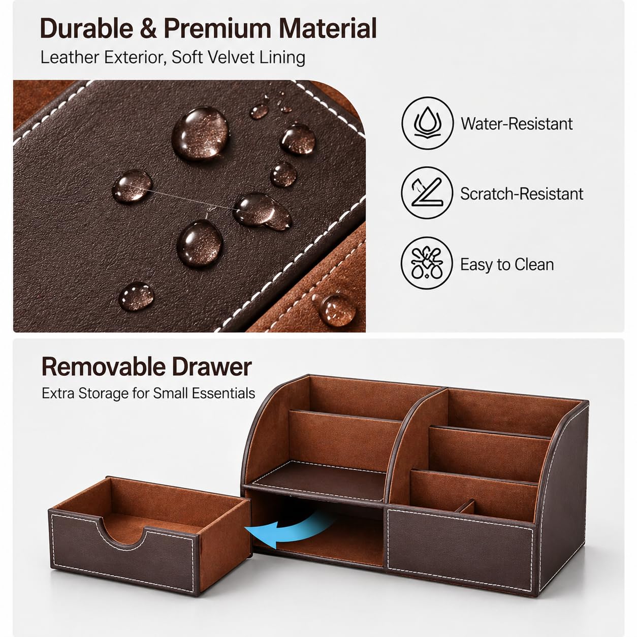KINGFOM Cologne Organizer for Men, PU Leather Dresser Organizer with Drawer, Countertop Cologne Holder for Watch, Wallet, Keys, Sunglasses, Bathroom Bedroom Nightstand Organizer, Gifts for Men Brown