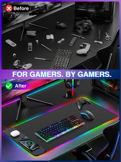 Mouse Pad with Wireless Charging, Large Desk Mat RGB Gaming Mousepad, 10 Light Colors LED Gaming Pad Keyboard Pad with Ultra-Smooth Surface & Non-Slip Rubber Base, Waterproof Full Desk Mouse Pad