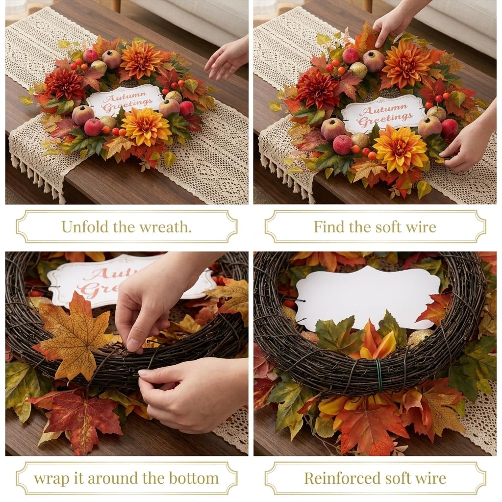 Valery Madelyn 24'' Collapsible Pre-Lit Fruits Fall Wreath for Front Door