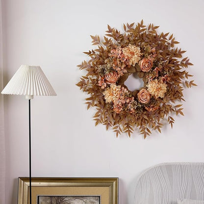 26" Fall Wreath for Front Door - Large Artificial Dahlia Flowers Fake Rose Faux Maple Leaves Outdoor Wreath for Porch, Window,Farmhouse,Home,Thanksgiving Day Harvest Festival Autumn Decor