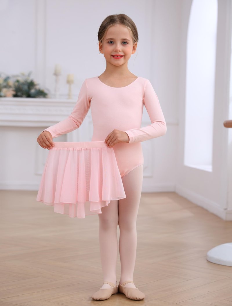 Mecceos Ballet Leotards with Skirt Tights Combo for Toddler Girls Dance Long Sleeve Leotard Ballerina Dresses Outfits (Ballet Pink, 8-10 Years, MEAM-322)