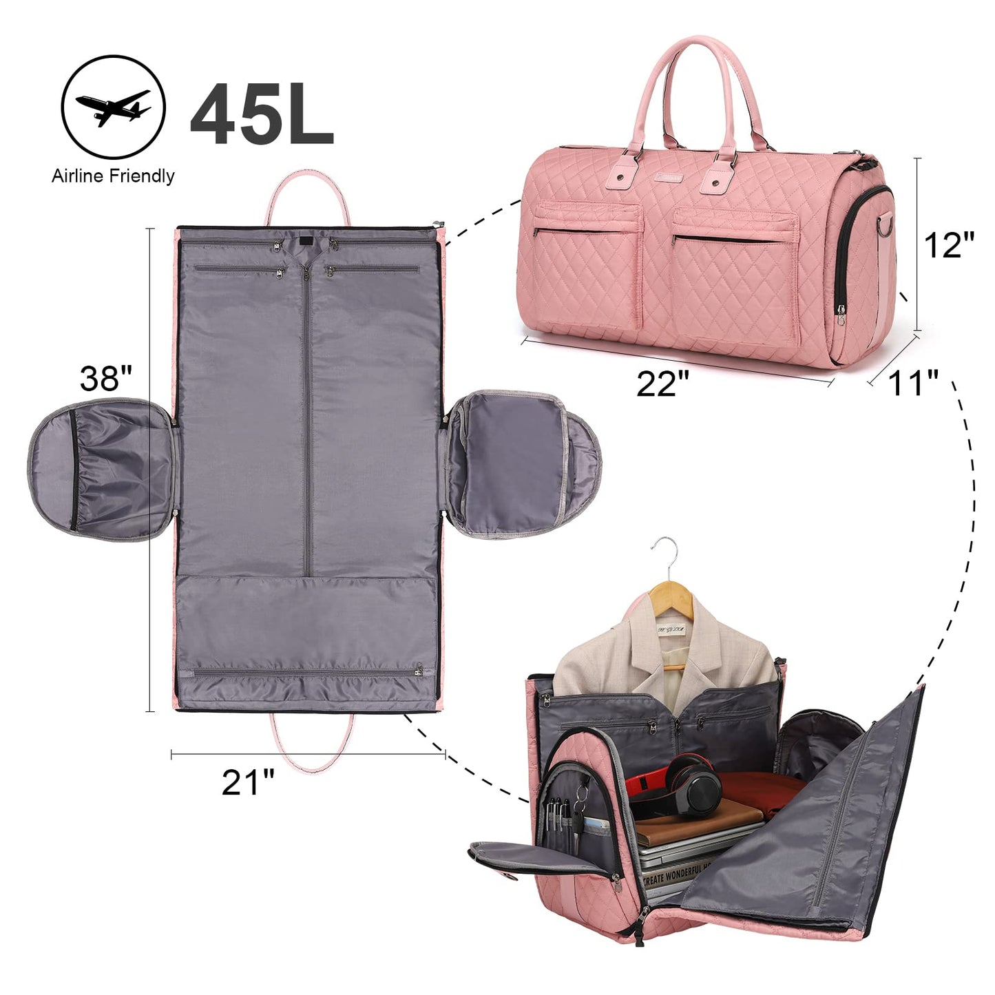 Womens Convertible Garment Bags for Travel, Modoker Waterproof Carry On Garment Bag Garment Duffel Bag - 2 in 1 Hanging Suitcase Suit Travel Luggage Bag, Pink