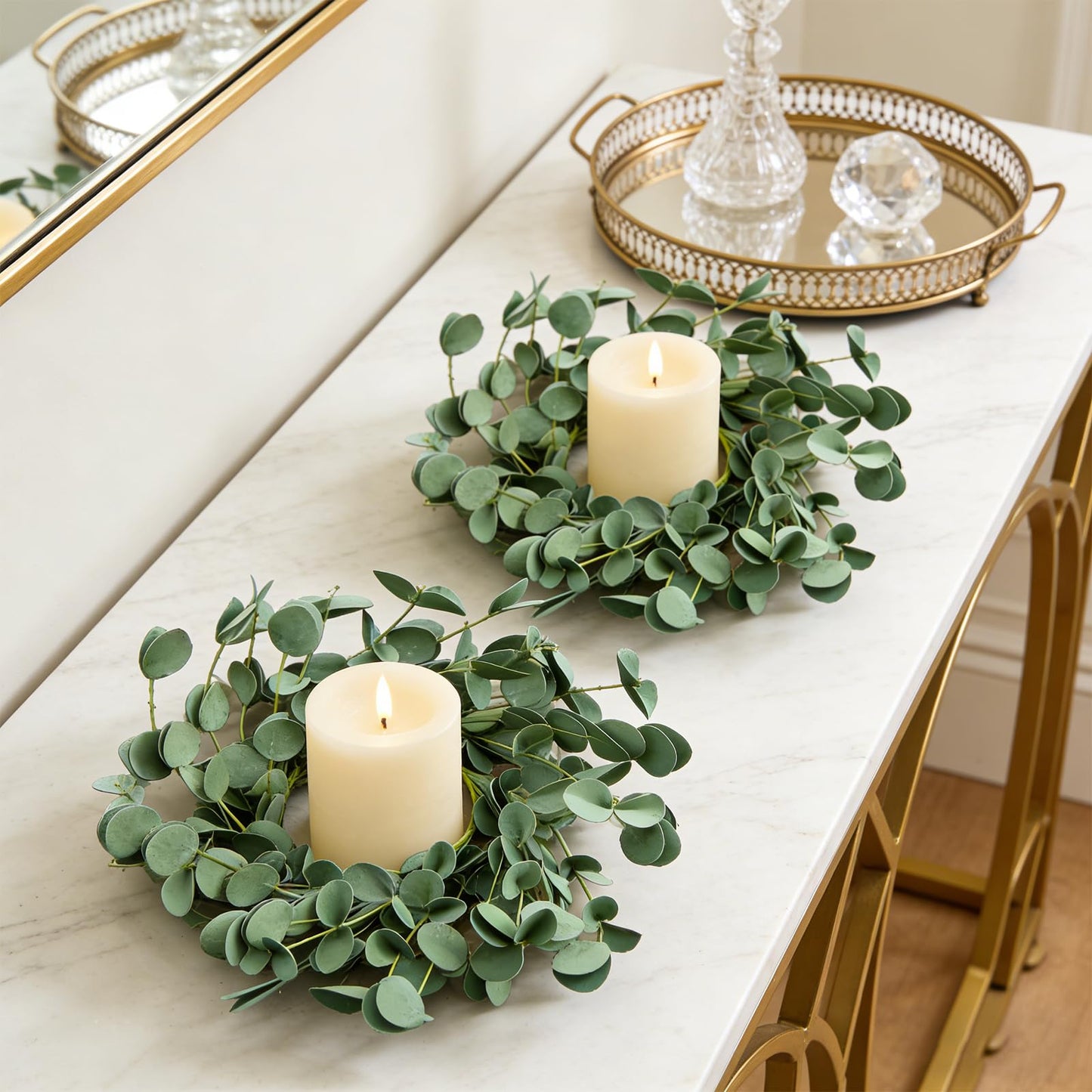 4 Pcs Small Spring Summer Candle Ring Wreaths with Artificial Eucalyptus Greenery Mini Pillar Candle Holder Wreath for Home Table Centerpieces Kitchen Wedding Farmhouse Party Decor