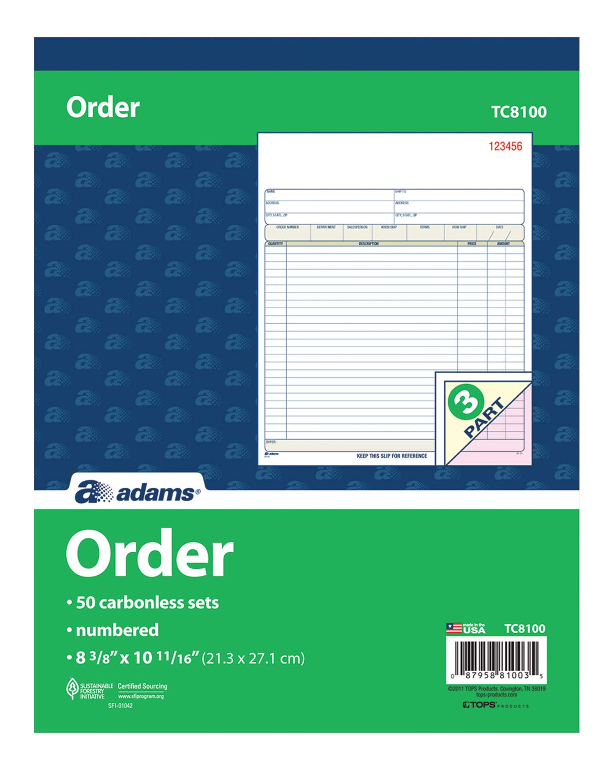Adams Order Book, Carbonless, White/Canary/Pink, 3-Part, 8-3/8 x 10-11/16 Inches, 50 Sets (TC8100)