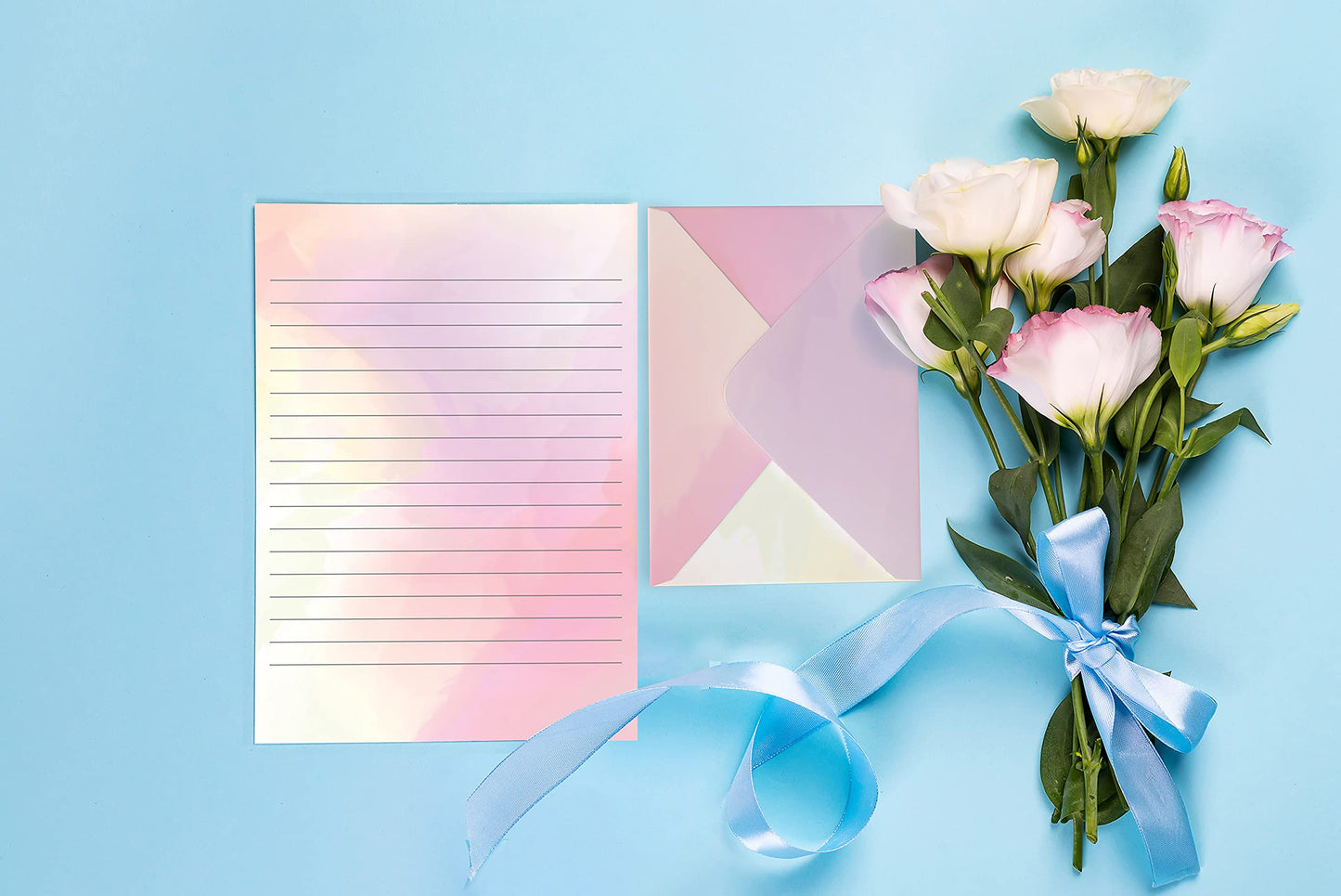 Better Office Products Mini Stationery Set, 100 Piece Set (50 Lined Watercolor Sheets + 50 Matching Envelopes), 5.5 x 8.25 inch, 12 Unique Designs, Double Sided Printing, One Side Lined Paper,