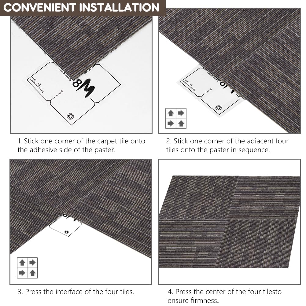 Petgrow Commercial Carpet Tiles, 24" x 24" Squares, 18 Tiles, 72 sq ft, Non-Slip Soft Floor Carpet for Office, Bedroom, Living Room,Easy DIY Installation with Flexlok Tabs (1 Box Sample,Brown)