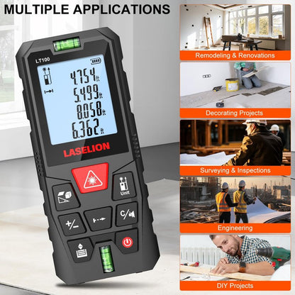 LT100 Laser Measure, 328ft/100m Laser Measurement Tool, with 2 Bubble Levels, Measuring Tool 4 Units Conversion、LCD Backlit Display, IP54 Waterproof, Pythagorean Mode for Distance, Area, Volume
