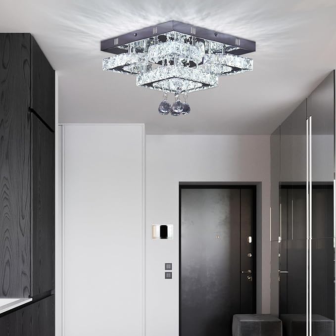 CXGLEAMING 11.8" Modern Crystal Chandelier LED Ceiling Light Fixture Suitable for Kitchen Corridor Hallway Bedroom Bathroom Dining Room 4 Petals/Raindrop Ball Square Wall Switch （White Light）