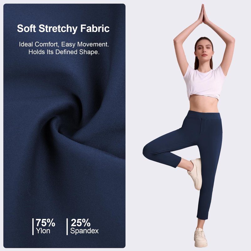 QBK Women's Petite Ankle Pants - 25"/27" Stretchy Business Casual Slacks, Pull On Work Dress Pants with Pockets for Travel, Golf & Yoga(Navy,M,25" Inseam)