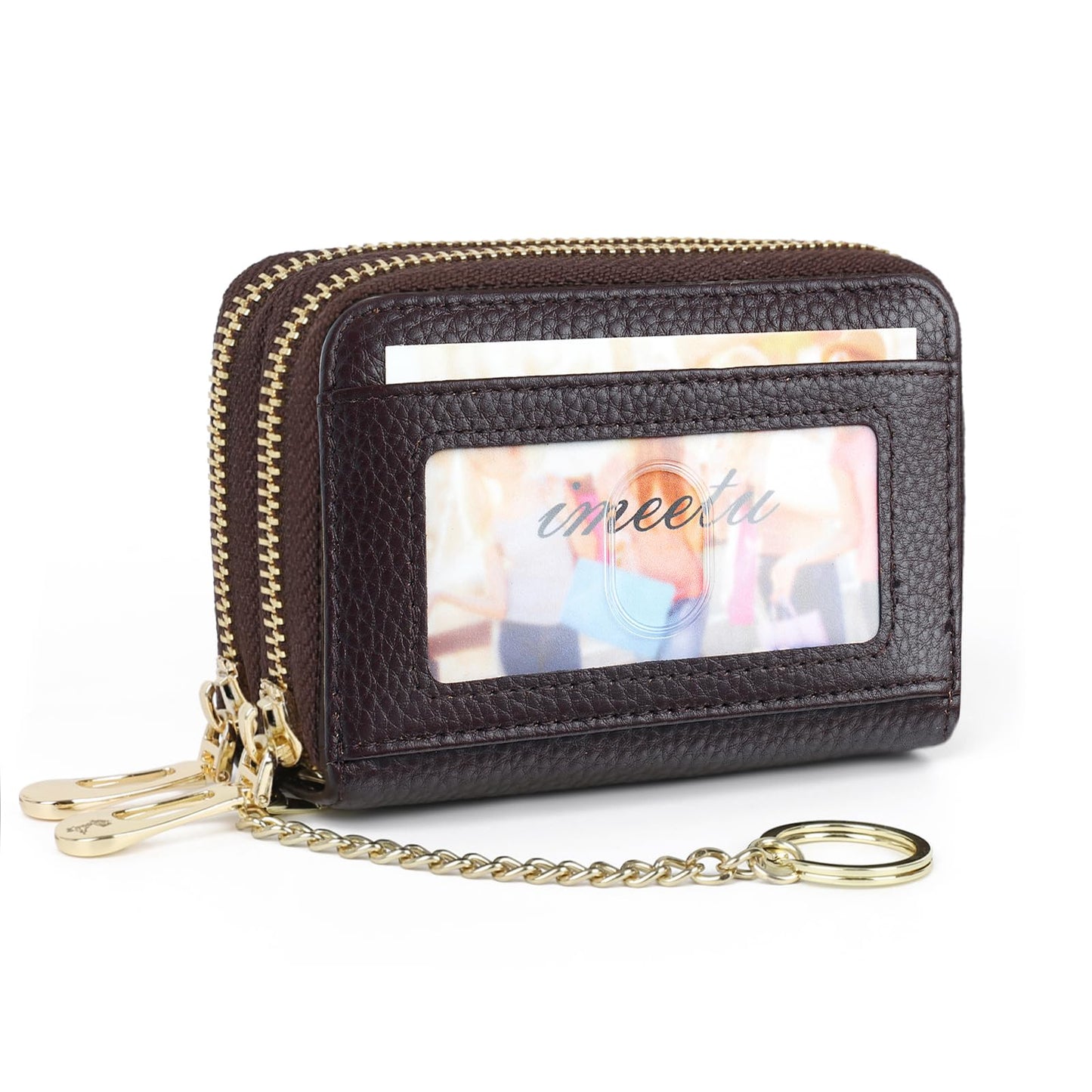 imeetu RFID Credit Card Wallet, Genuine Leather Zipper Card Case Holder with Removable Keychain(Max - Coffee)