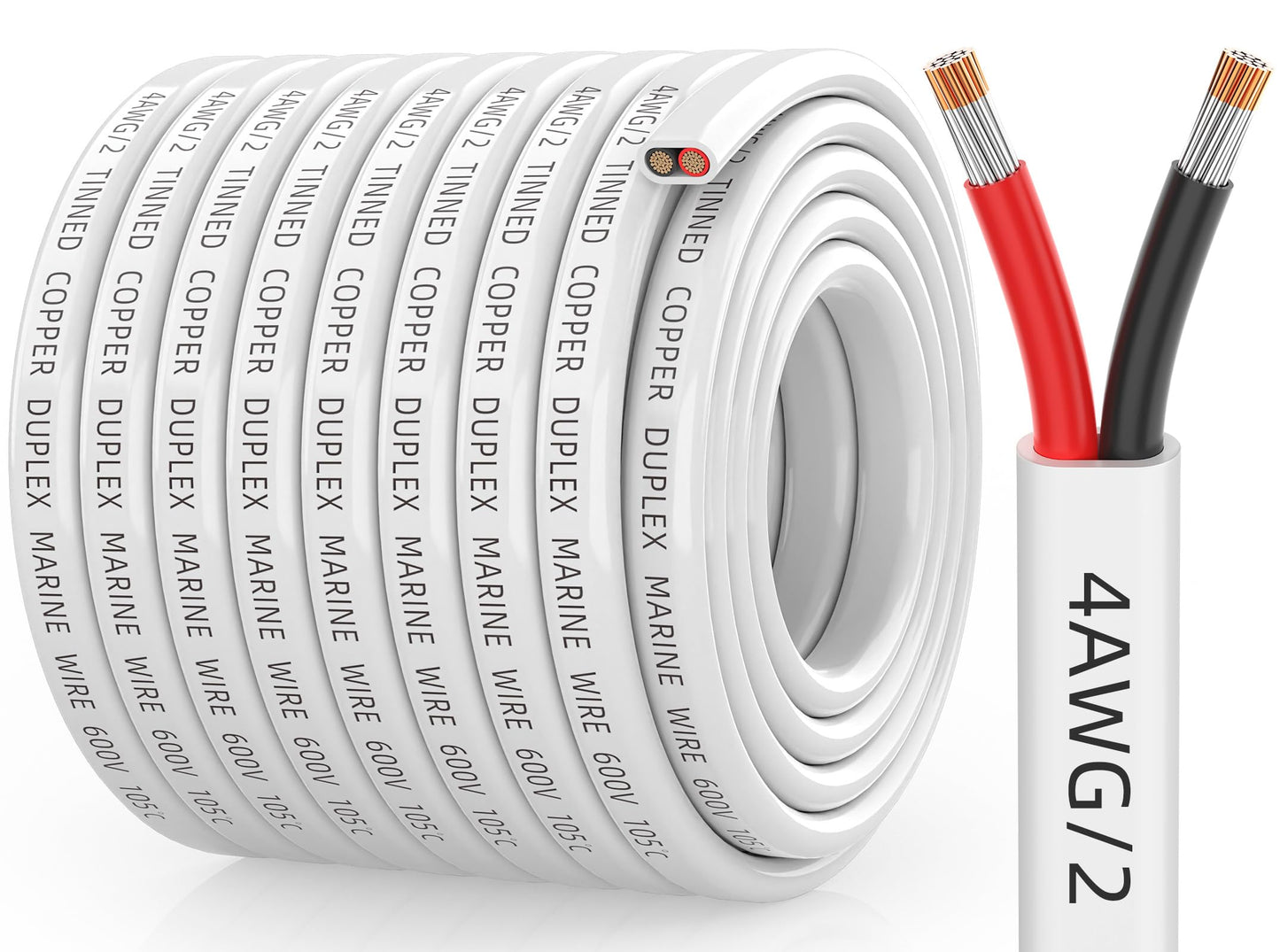 4 Gauge Marine Wire, 4/2 Duplex Tinned Copper Marine Grade Cable, IP68 Waterproof/Corrosion-Resistant PVC Stranded 4 AWG Wire for Boat, Automotive, Solar, Trolling Motor, Battery (50FT)