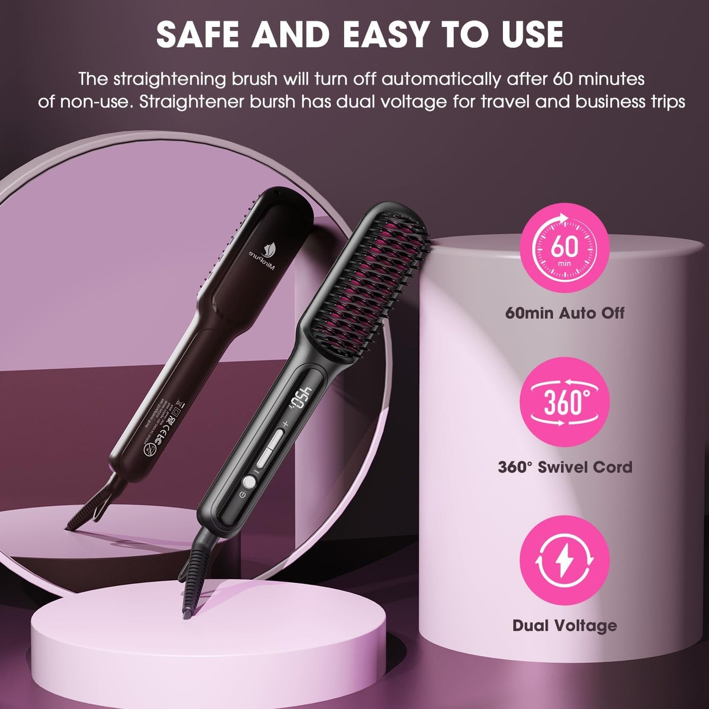 MiroPure Hair Straightener Brush with Plasma Technique, Ceramic Straightening Brush with 16 Temp Settings 30s Fast Heating, Hair Straightener Comb for Women with LED Display & Dual Voltage, Black