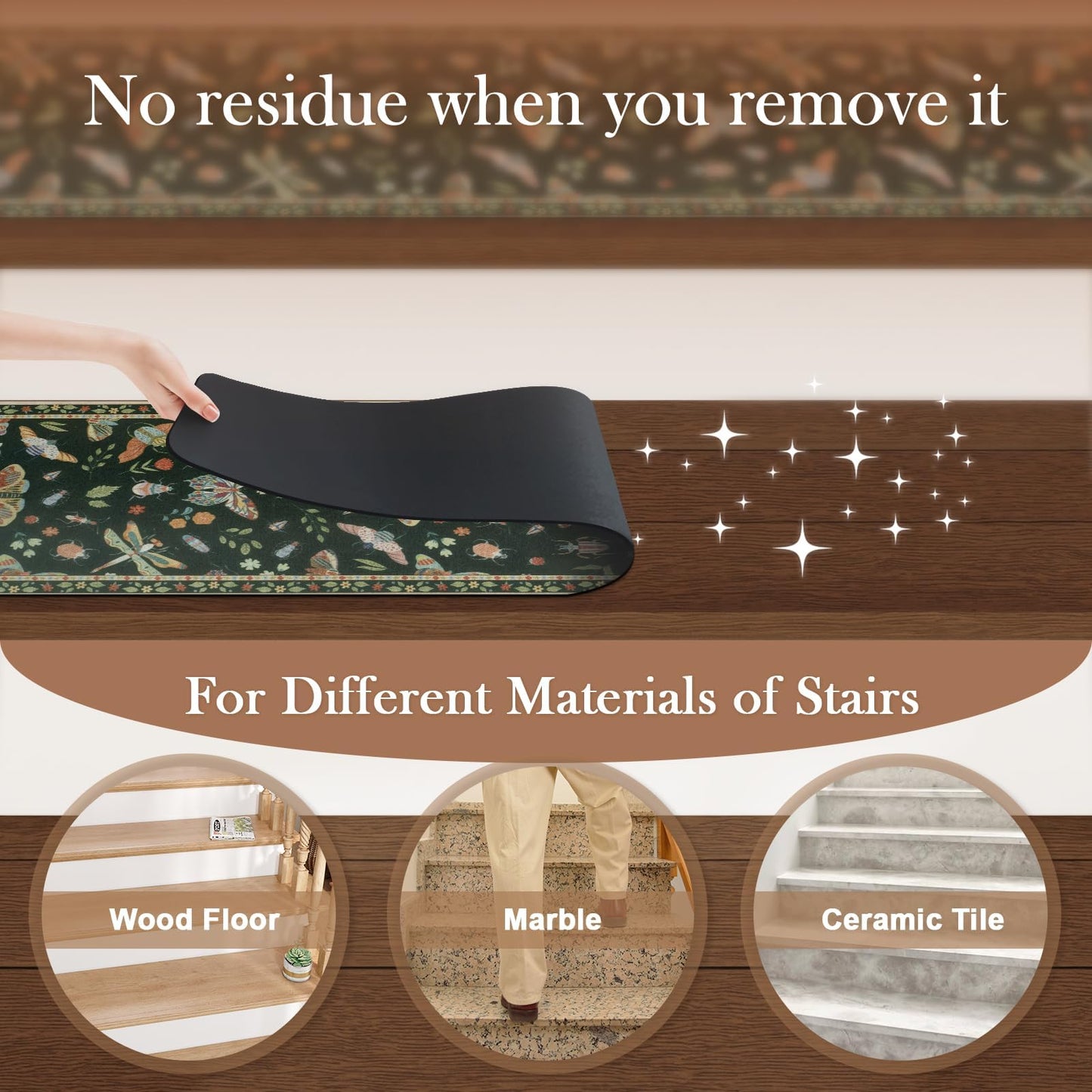 OJIA Insect Print Stair Treads Non Slip Stair Runners for Wooden Steps Indoor, 15PCS 8"x30" Rubber Backing Carpet Treads for Wood Stairs Staircase Step Treads for Kids & Dogs, Stair Covers, Black
