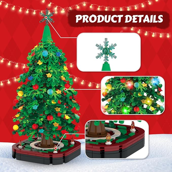 Christmas Tree Building Blocks SetDIY Christmas Tree Toy Bricks with LED Light Creative Educational STEM Gift for Boys and Girls Creative Home Decor Building Toys Gifts for Kids Adults Teens