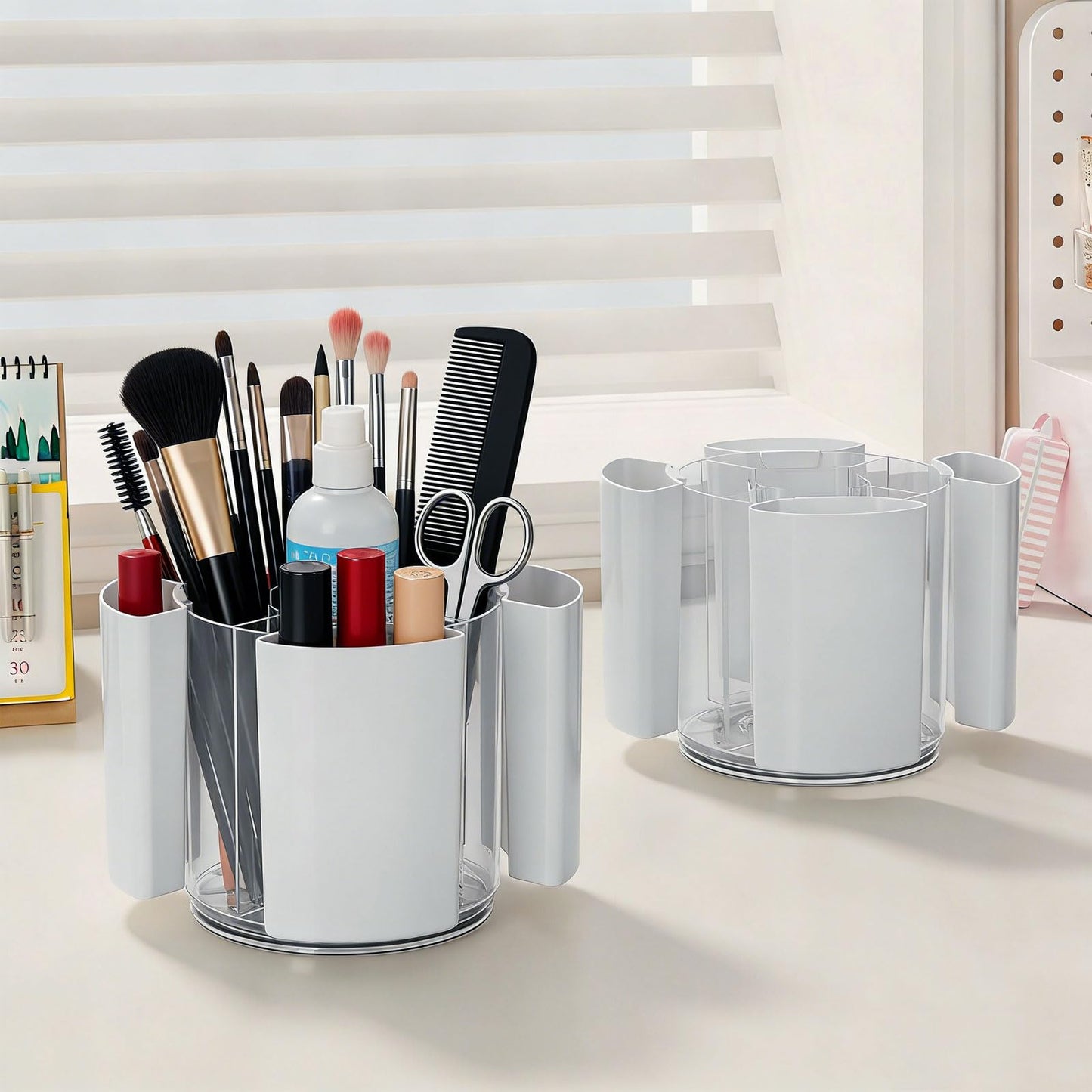 Hikiwin 360 Rotating Plastic Desk Pen Organizer, Rotating Detachable Desk Organizer, Multi Compartment Pen Holder, 5 Slots Unique Make Up Brushes Cup for Cosmetics, Art Supply, White, 1 Piece