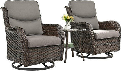 Rilyson Wicker Rocking Chair Swivel Chairs - 3 Piece Rocker Patio Furniture Set Rattan Rocking Bistro Sets with Glass Top Side Table for Outdoor Porch Deck Garden Backyard (Brown/Grey/Smile)