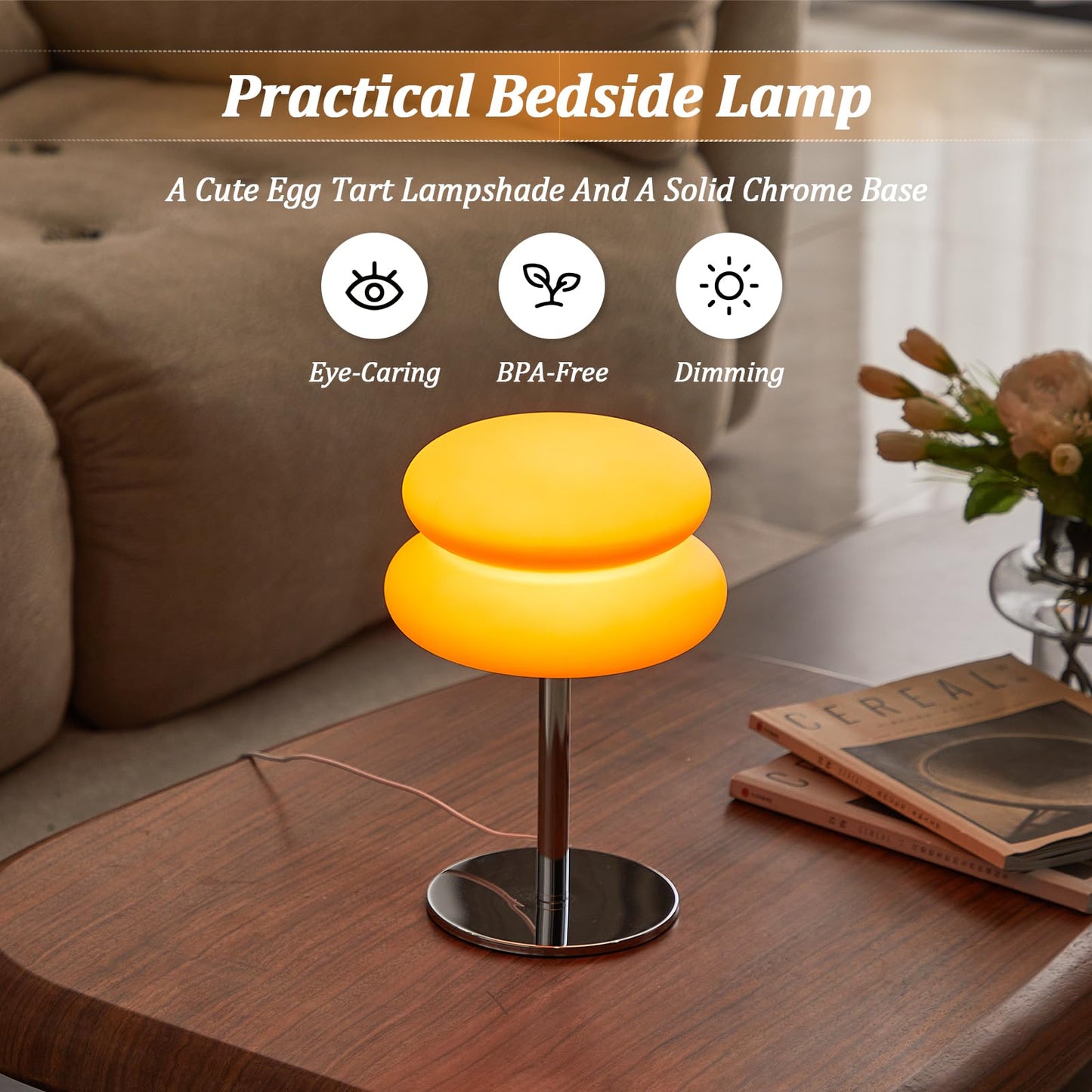 LSTVZSNRX Orange Mushroom Lamp, Mid Century Modern Lamp for Nightstand, Dimmable Retro Egg Tart Bedside Lamps, Home Decor Ambient Lighting Aesthetic Cute Lamps for Bedroom Living Room (NOT Glass)